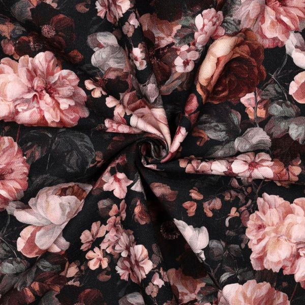 Canvas Slub Digital Blumen – Bordeauxrot Rosa auf Schwarz – Baumwollstoff für Taschen & Deko