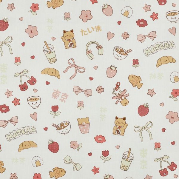 Baumwollpopeline Matcha & Karos – Japan Kawaii Motive auf Cremeweiß – leichte Baumwollwebware