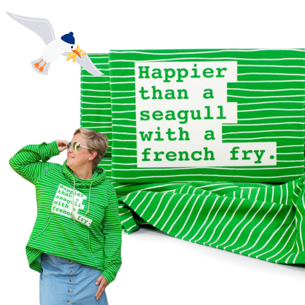 Maritimer Sweat grün mit Streifen und frechem Spruch SEAGULL by Käselotti – 100cm Panel French Terry
