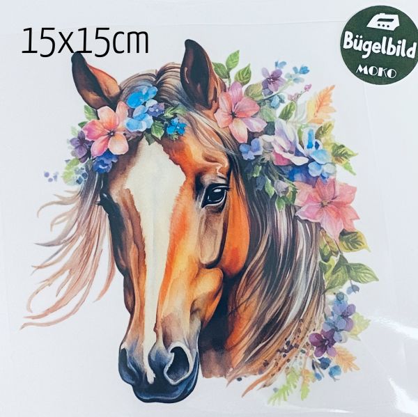 Bügelbild Pferd mit Blüten bunt 15x15cm