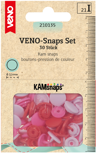 30 Kam Snaps im Farbmix rot rosa pink – bunte Plastik Druckknöpfe Ø 12,4 mm mit Box