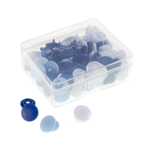 30 Kam Snaps im Farbmix weiß hellblau blau – bunte Plastik Druckknöpfe Ø 12,4 mm mit Box
