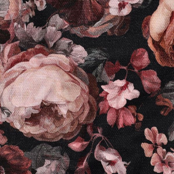 Canvas Slub Digital Blumen – Bordeauxrot Rosa auf Schwarz – Baumwollstoff für Taschen & Deko