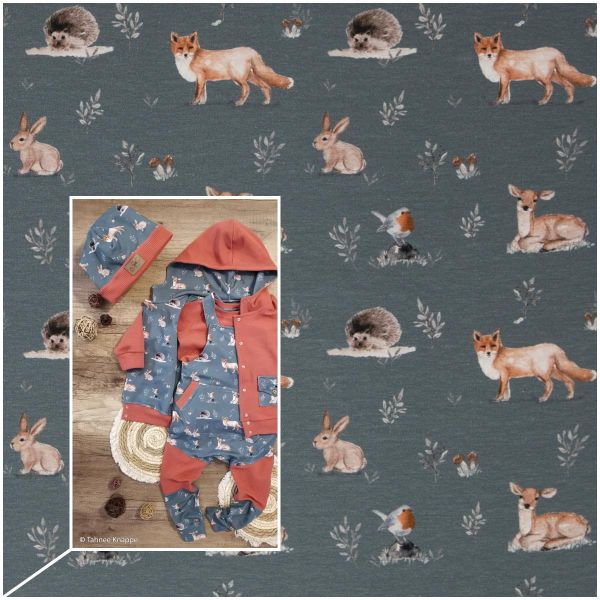 Jersey Waldtiere Igel Fuchs Reh rauchblau – Forest Animals von Christiane Zielinski by Swafing