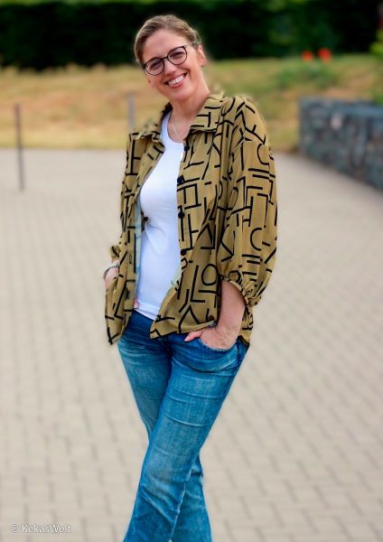 Bluse aus luftig leichter Viskose Hieroglyphen khaki oliv - Kleiderstoff Pauline von Swafing