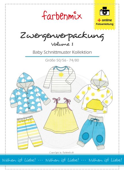 Schnittmuster Zwergenverpackung 1 von Farbenmix – Gr. 50-80 Pumphose Shirt Kleid Hoodie Jacke