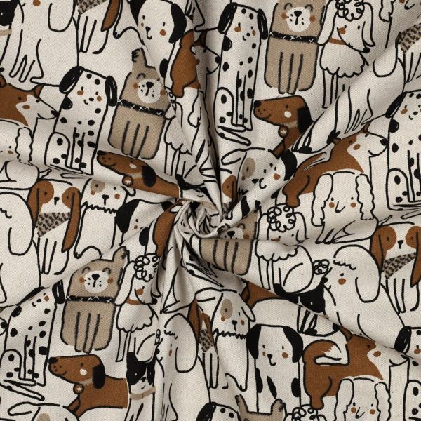 Canvas Linen Look Dogs natur – Dekostoff mit Hunden in beige, braun & schwarz