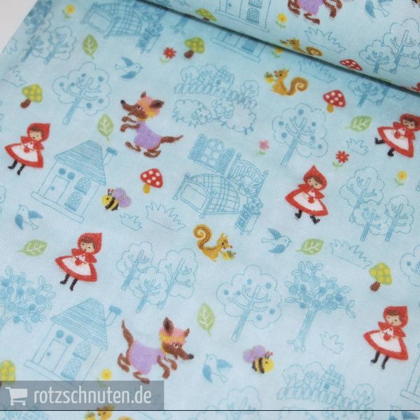 Baumwolle Musselin / Double Gauze Kokka – Red Riding Hood blue – Rotkäppchen hellblau