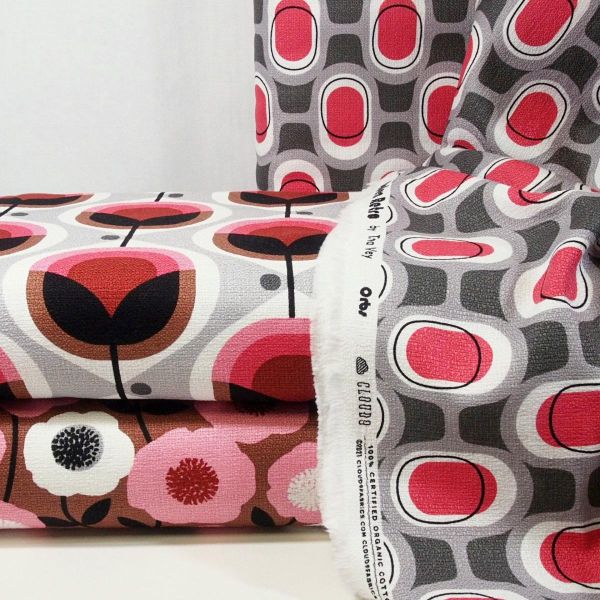 Bio Baumwolle Maxi Blumen Blüten pink braun - Modern Retro Barkcloth Blooms Dekostoff