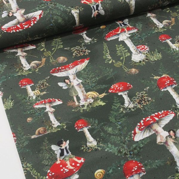 acufactum Fliegenpilze Elfen Schnecken dunkelgrün rot - Baumwolle Zauberwald