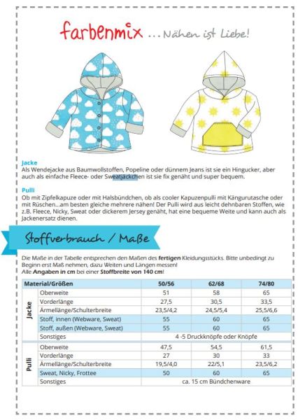 Schnittmuster Zwergenverpackung 1 von Farbenmix – Gr. 50-80 Pumphose Shirt Kleid Hoodie Jacke