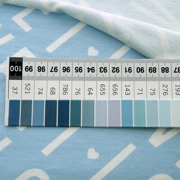 Sweat Cute Love Sweet Herzen hellblau – French Terry Schrift by Ilja Fabrics