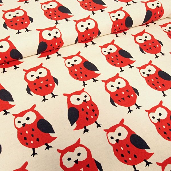 Kokka Leinenstoff Serie Trefle Nordic Animal - Eule rot auf natur beige