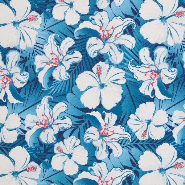 Polo Piqué Jersey Tropical Hibiskus Blüten blau - Serie Malta by Swafing