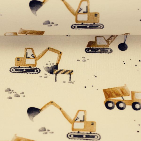 Jersey Baustelle Kipper Bagger Radlader gelb – Baumwolljersey Achtung Baustelle by Swafing