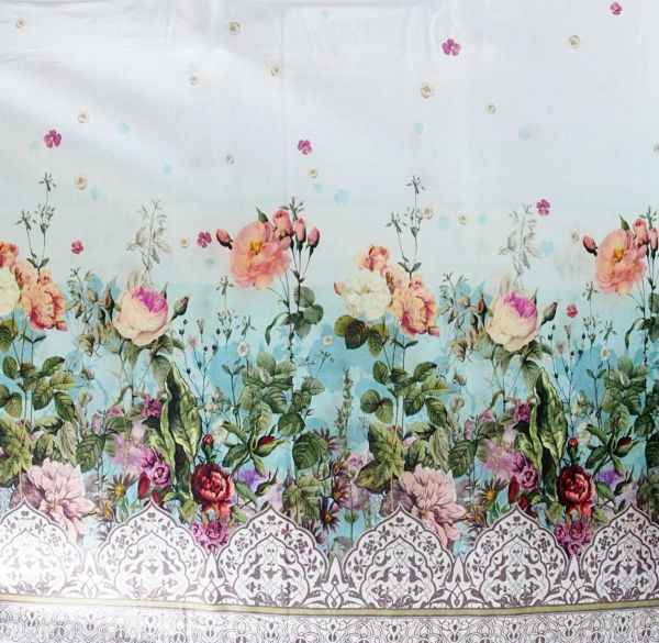 Baumwolle große Blüten Bordüre Lilien Rosen türkis bunt - Ode to June by Clothwork