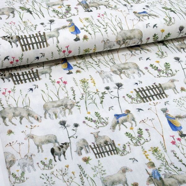 acufactum Sommerkinder und Schafe Baumwolle mit Kräuterwiese weiß bunt