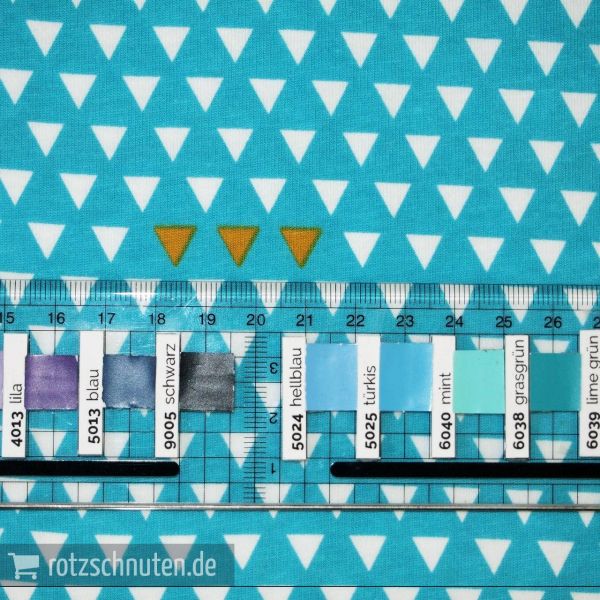 Baumwolljersey FOUR CORNERS Triangle teal – Dreiecke türkis gold von Riley Blake