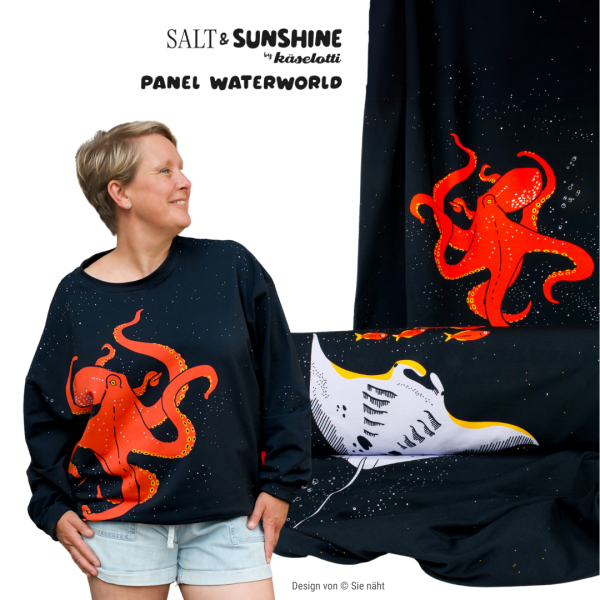 Maritimer Sweat navy mit Oktopus und Mantarochen by Käselotti – 150cm Panel French Terry