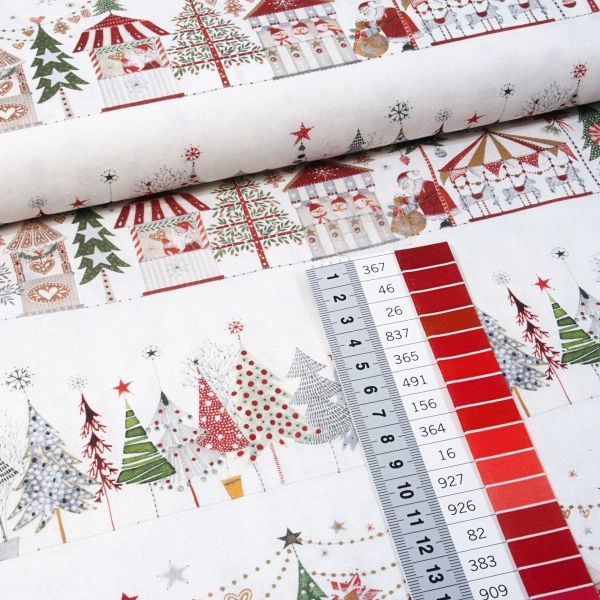 acufactum Weihnachtszauber - Baumwolle mit Tannenbäumen Weihnachtsmarkt Buden