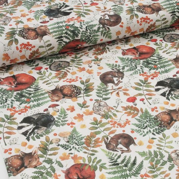 acufactum Schlafende Tiere - Baumwolle mit Hase Reh Dachs Fuchs Eule Igel Laub & Pilzen