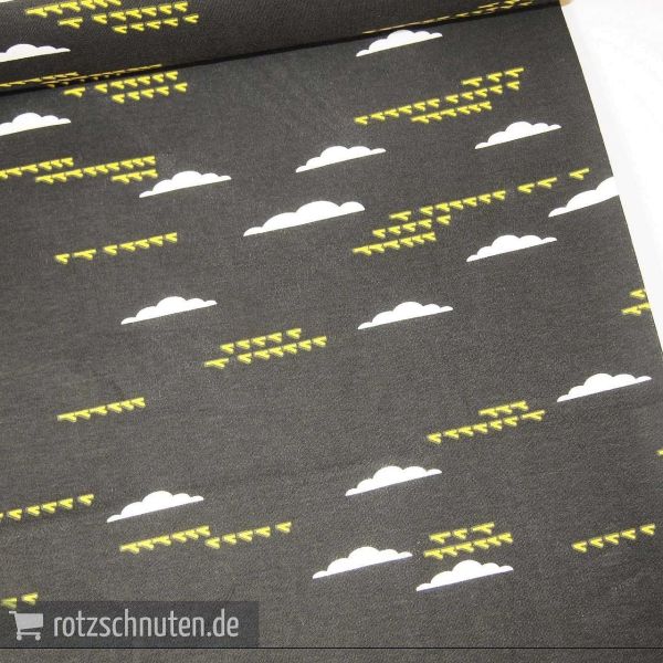 Bio Jersey Interlock BIRCH Charley Harper - maritime birds and clouds black