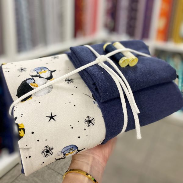 Simply Happy Stoffpaket ❄️ Winterzauber ❄️ Pinguin + Kombistoff blau + Kordel & Garn