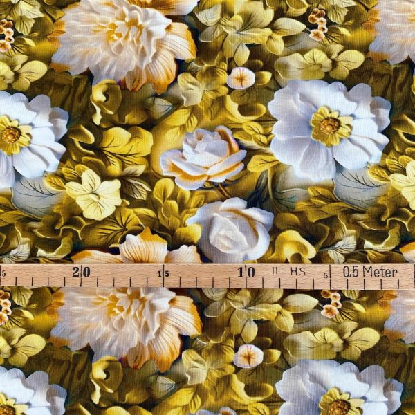 Viskose Jersey knitterfrei mit 3D Druck Blüten gelb - Sarah 3D Kollektion