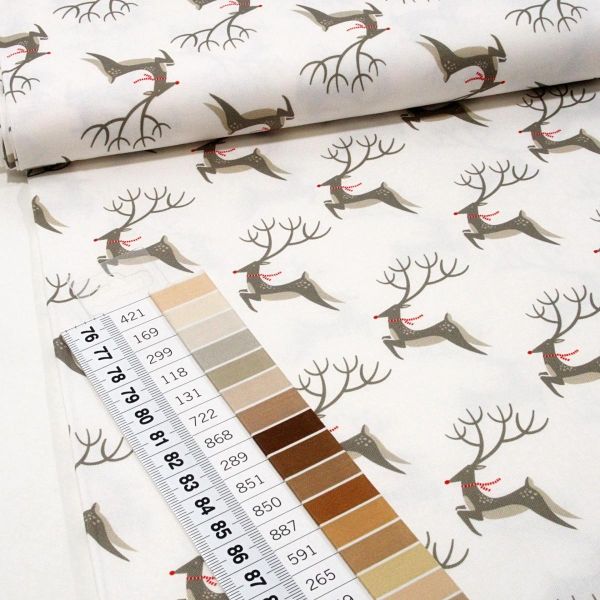Baumwolle Winter Weihnachten Rentiere weiß beige - Northern Light Rudolph Rednose