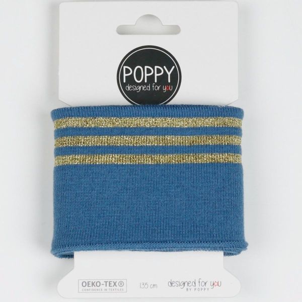 Fertigbündchen Cuff denim blau mit goldenen Streifen • Glitzer Bündchen 135 cm