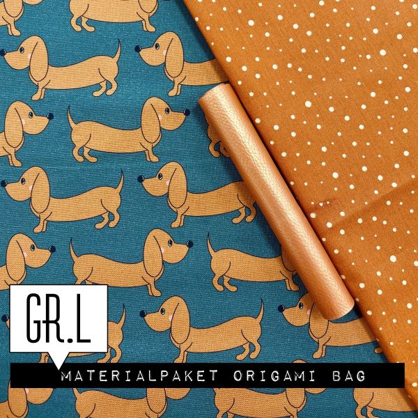 Materialpaket für eine Origami Bag Gr. L (Maxi) - Dackel Hund Punkte kupfer - Geschenkset