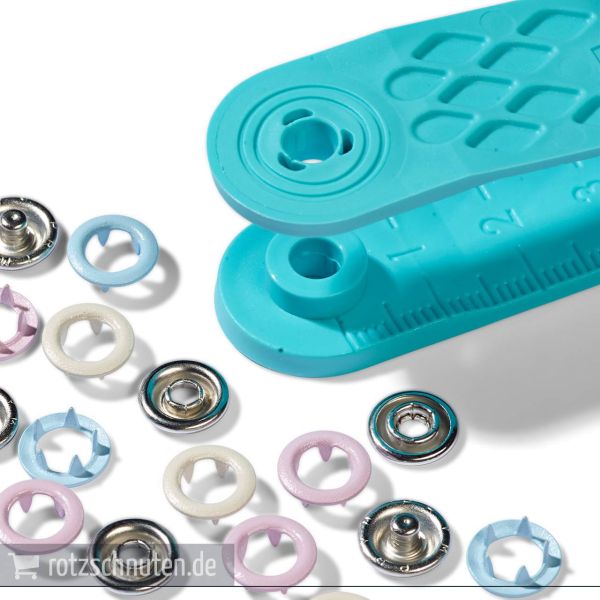 21 Jersey Druckknöpfe PRYM LOVE – 8mm rosa hellblau creme mit Werkzeug