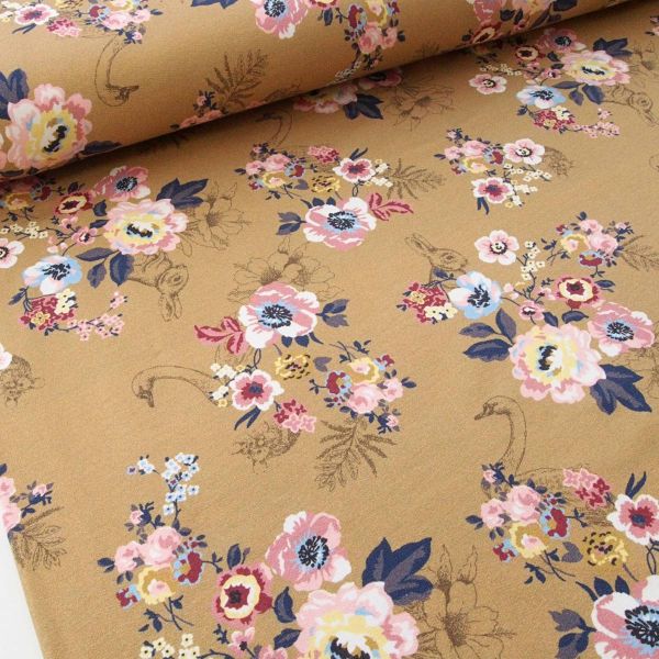 Sweat Blüten Hase Schwan senf ocker – French Terry Hannes von Swafing