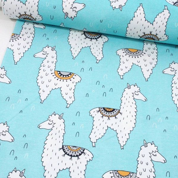 Jersey Lama Alpaka türkis – Baumwolljersey FVJ Retroliebe