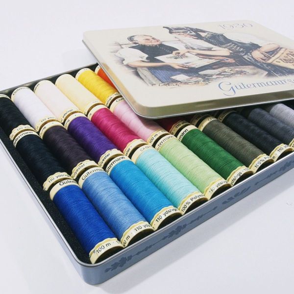 Nähgarn Nostalgie Set bunt - 30x 100m Allesnäher Garn Gütermann 1930 Retro Metalldose Trachten