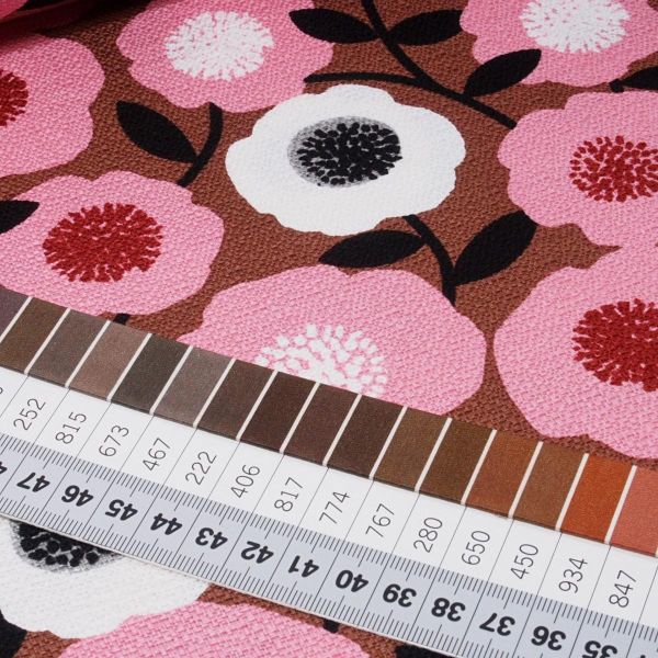 Bio Baumwolle Maxi Blumen Blüten pink braun - Modern Retro Barkcloth Blooms Dekostoff