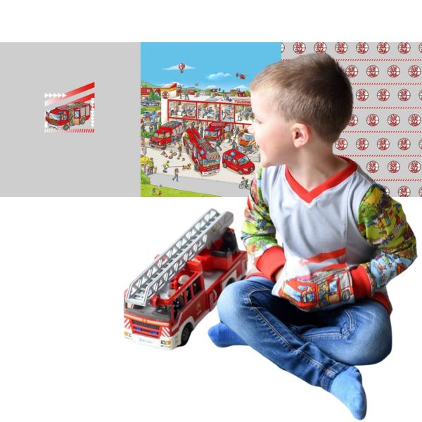Jersey Wimmelbuch Wimmelbild Feuerwehr Kinderstoff - 55cm Panel