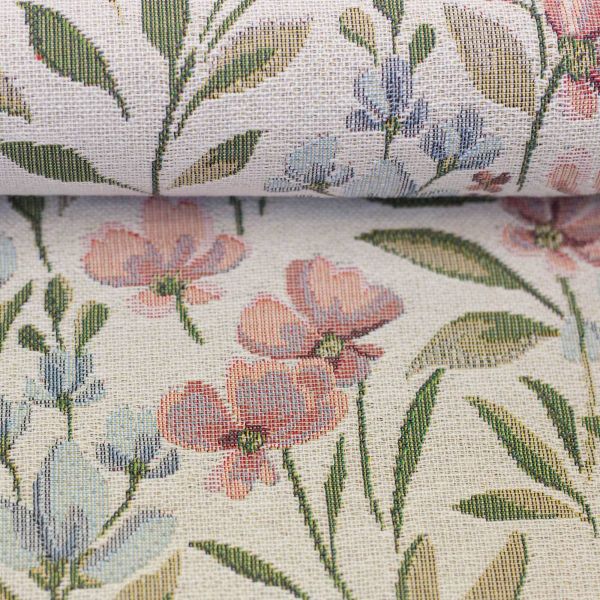 Gobelin Emmeline mit Blumen Motiv natur hellblau rose oliv - Dekostoff von Swafing