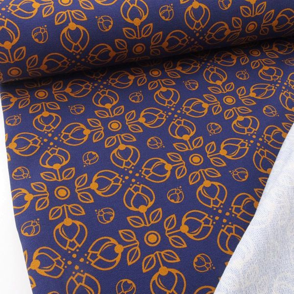 Sweat Blüten dunkelblau violett senf – French Terry Pretty Bloom by Lycklig von Swafing