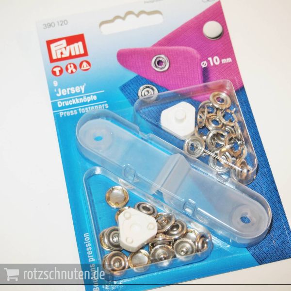 9 Jersey Druckknöpfe PRYM – 10mm silber mit Kappe und Werkzeug