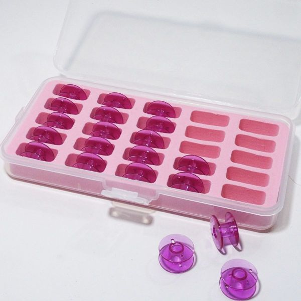 Spulenbox mit 20 Unterfaden Spulen in violett für viele gängige Nähmaschinen