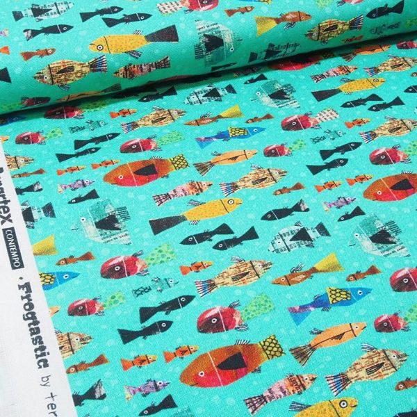 Baumwolle kleine Fische Patchwork Style petrol türkis - Frogtastic multi fish turquoise