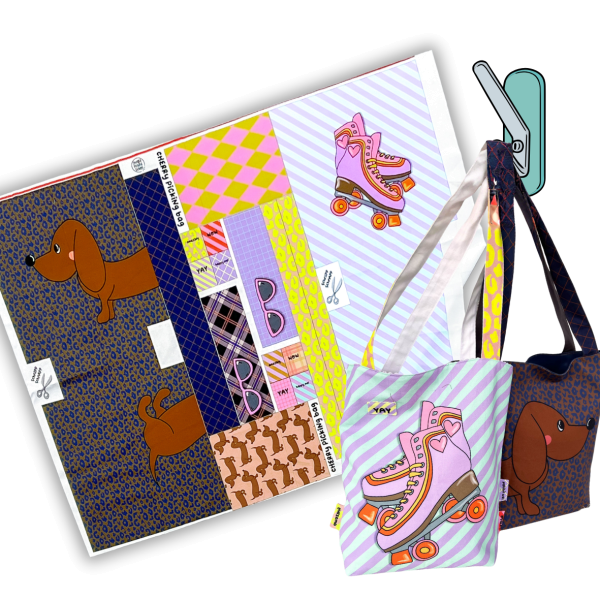 DIY Nähset Cherry Picking Bag Dackel und Rollschuhe - Beutel Tasche Panel 95x140cm