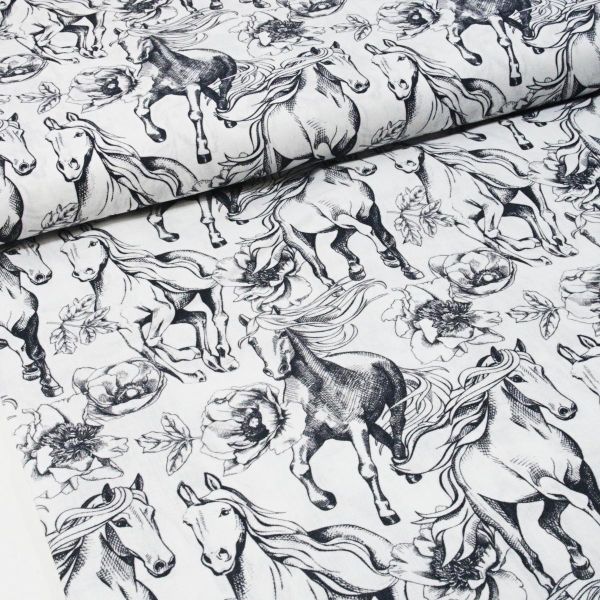 Baumwolle Pferde Blüten schwarz weiß Stil Bleistiftzeichnung