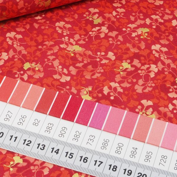 Baumwolle kleine Ginko Blätter rot gold Asia Japan - Hikari Ginkgo red