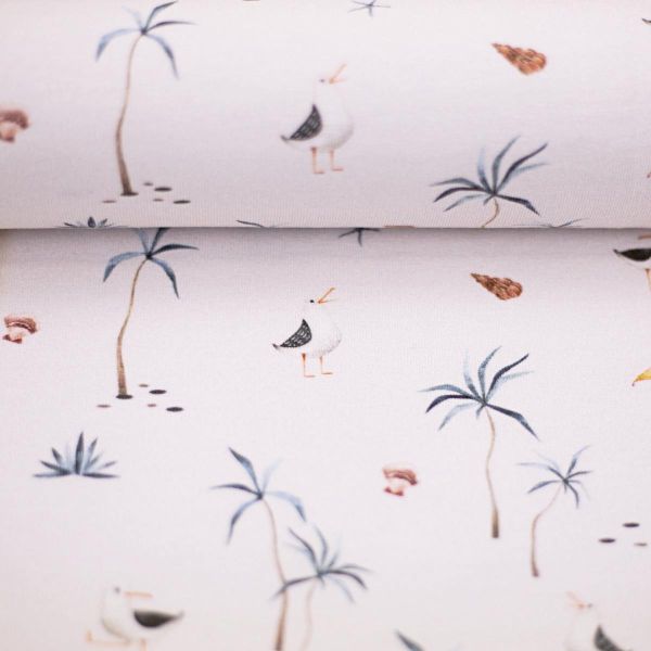 Baumwolljersey freche Möwe am Strand creme – Serie Aurich maritim by Swafing