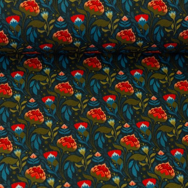 Dekostoff Canvas Secrets of Summer Blütenranken dunkelblau petrol – Baumwollcanvas von Swafing