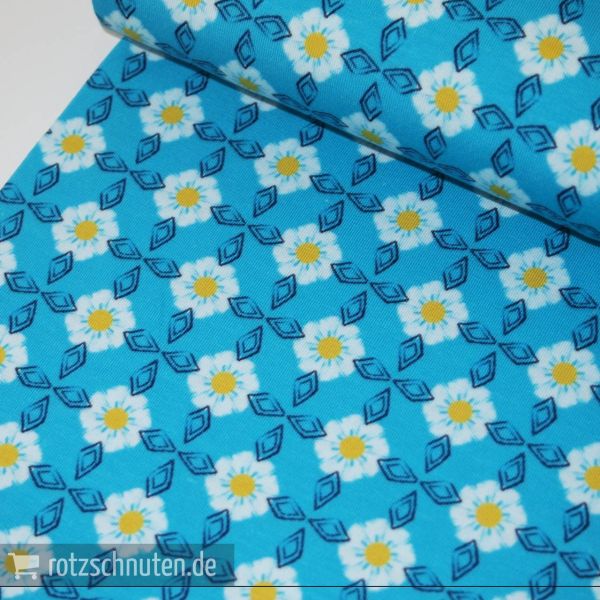 Baumwolljersey Gänseblümchen türkis – Anjuna Blossom sea blue by jolijou