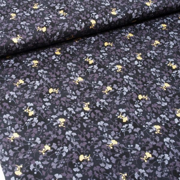 Baumwolle kleine Ginko Blätter schwarz gold Asia Japan - Hikari Ginkgo black