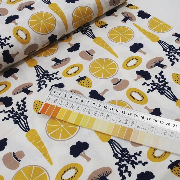 Baumwolle Obst und Gemüse gelb violett Retro von Westfalenstoffe Living